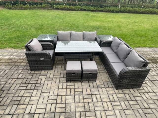 Fimous 9 Seater Outdoor Rattan Garden Furniture Set Oblong Rectangular Dining Table and Chairs Set with 3 Seater Sofa 2 Small Footstools 2 Side Tables Dark Grey Mixed