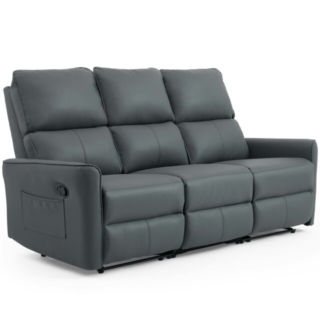 Madrid 3 Seater Manual Recliner Air Leather Sofa Grey Three Seater