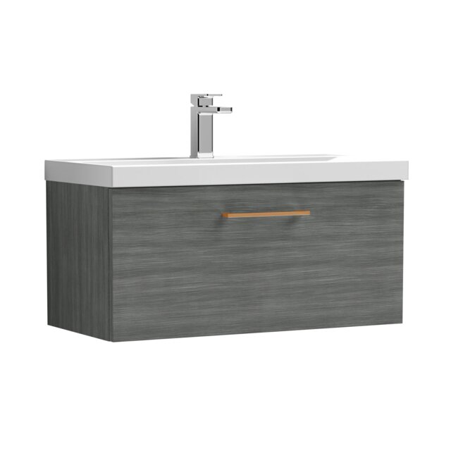 Balterley Wall Hung Bathroom 1 Drawer Vanity Unit and 1 Tap Hole Ceramic Basin, with Handle Grey Anthracite Woodgrain