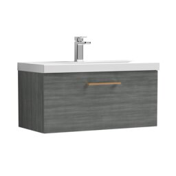 Balterley Wall Hung Bathroom 1 Drawer Vanity Unit and 1 Tap Hole Ceramic Basin, with Handle Grey Anthracite Woodgrain
