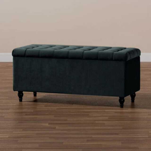 180cm Cubed Ottoman Storage Box,Black Velvet Upholstered Chesterfield Storage Ottoman Box with Wooden Legs