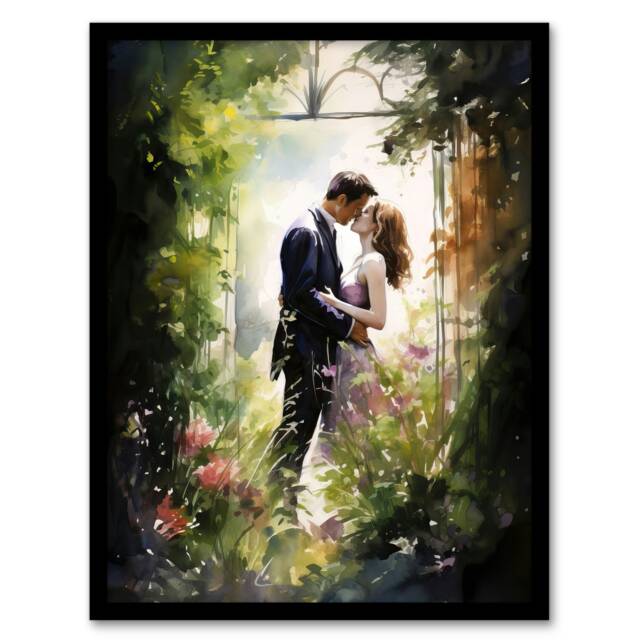 Stolen Kiss Watercolour Secret Garden Lovers Black Framed Wall Art Print A4