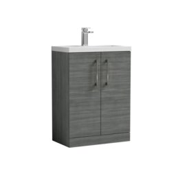 Balterley Level Compact Bathroom Cloakroom Vanity Basin Unit with Ceramic Basin, Handles Grey Grey Woodgrain 840 x 510 x 360mm