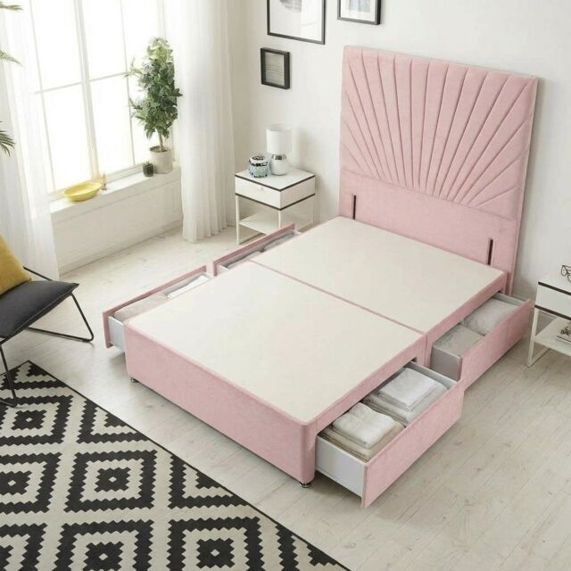 Sunburst Divan Bed with 4 Drawers & 54'' Floor Standing Headboard Plush Velvet Pink Pink