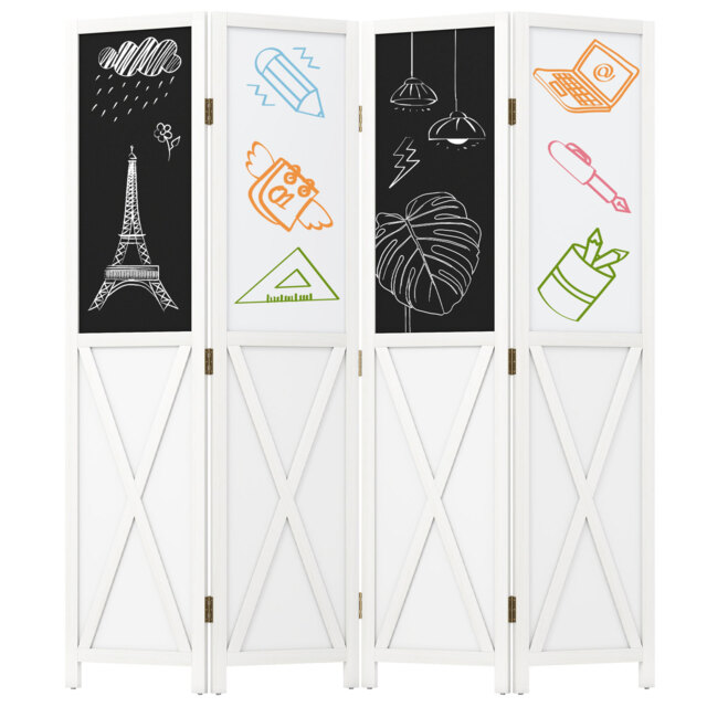 COSTWAY 4-Panel Room Divider with 2 Blackboards & 2 Whiteboards-White