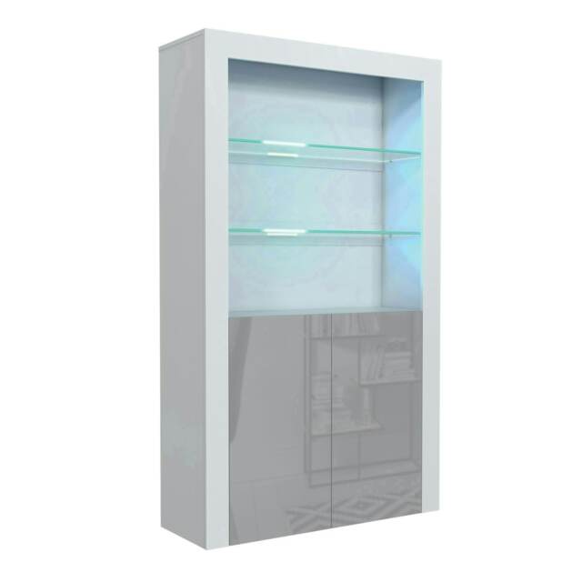 Display Cabinet 100cm Grey Gloss Doors White Matt Body Free LED White Grey