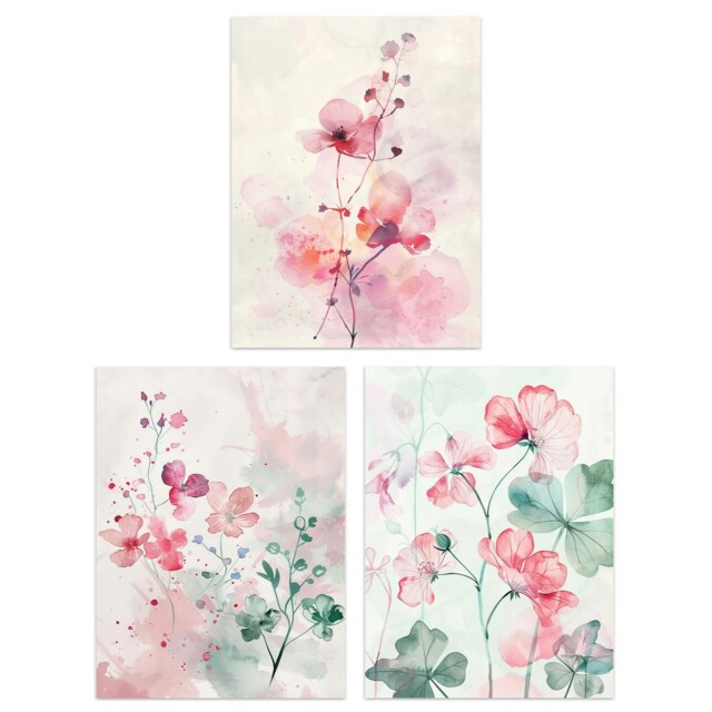 Set of 3 Light Watercolour Geranium Flowers Living Room A4 Size Wall Art Prints Pack