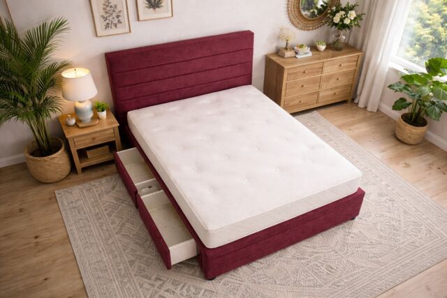 Divan Bed Set Headboard and Footboard with Mattress 3ft Single Maroon Suede Storage 2 Drawers Left Side Laying in Bed