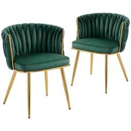 HOMCOM Velvet-Feel Dining Chairs Set of 2, Modern Upholstered Kitchen Chairs with Woven Backrest and Armrests, Metal Legs and Padded Seat for Dining Room, Bedroom, Living Room, Dark Green Green