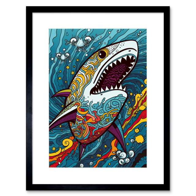 "Shark Painting Colourful Psychedelic Patterns 9x7"" Black Framed Wall Art Print"