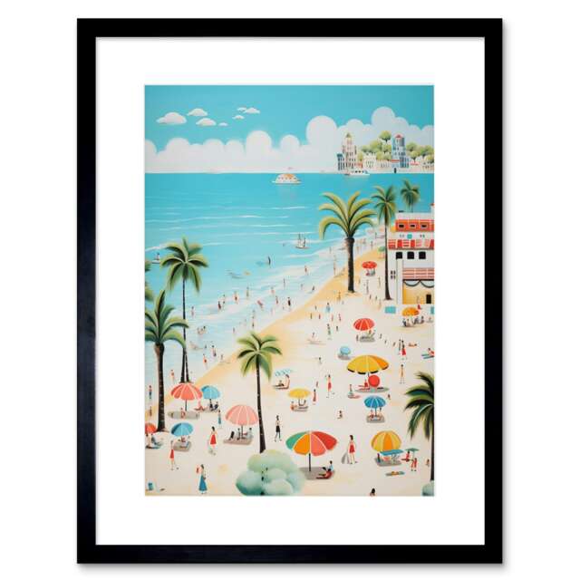 "Day at Beach Summer Holidays Coastal Landscape 9x7"" Black Framed Wall Art Print"