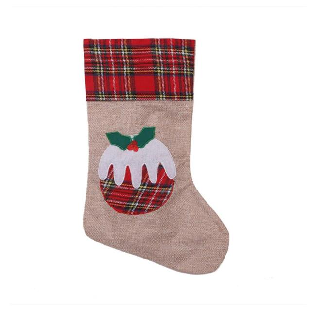 Large Xmas Stocking Printed Pattern Burlap Hessian Linen Sack Sock Hanging Bags Christmas Pudding, 26x25cm