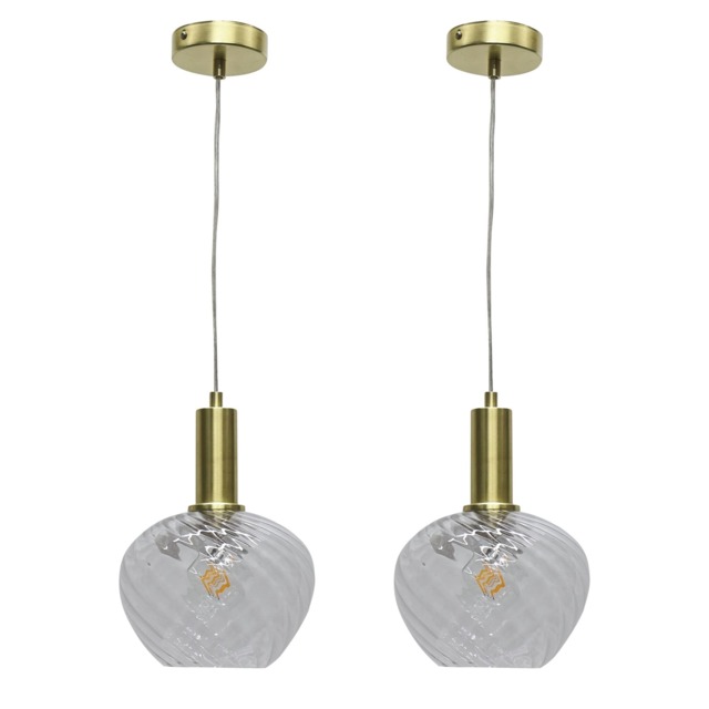 Set of 2 Bradson - Clear Swirl Glass Satin Brass Deco Pendant Fittings