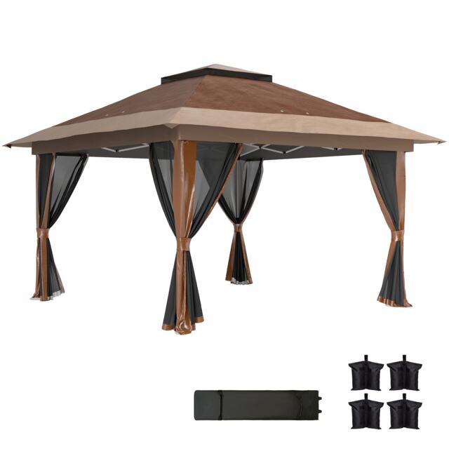 Outsunny 3.6 x 3.6m Pop Up Gazebo with Mesh Sides, UPF50 Height Adjustable Party Tent Instant Event Shelter with Wheeled Carry Bag and Sand Bags for Garden, Patio Brown Brown 1