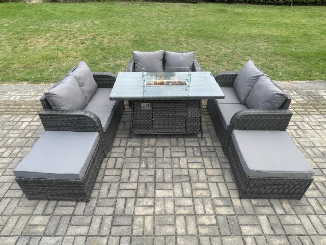 Fimous 8 Seater Rattan Outdoor Garden Furniture Sofa Set Gas Fire Pit Dining Table Gas Heater with Love Sofa 2 Big Footstool Dark Grey Mixed