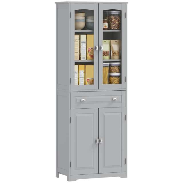 HOMCOM Kitchen Cupboard Storage Cabinet Adjustable Shelves, Glass Door, Grey