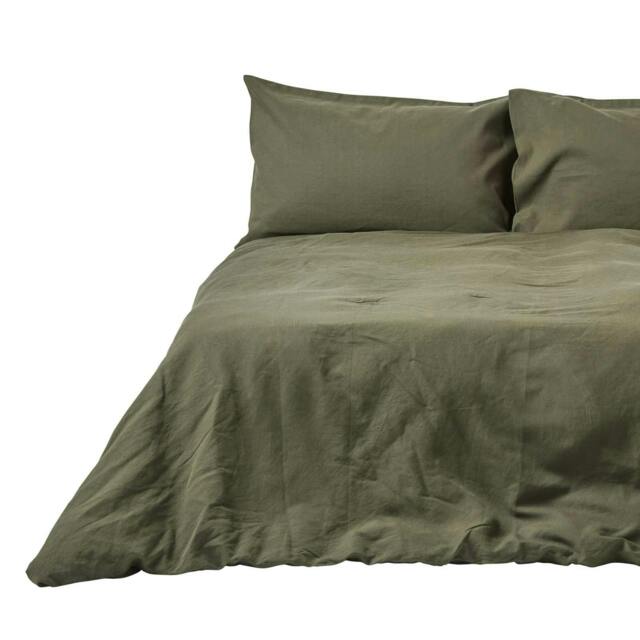 Homescapes Khaki Green European Size Linen Duvet Cover Set - 150 x 200 cm