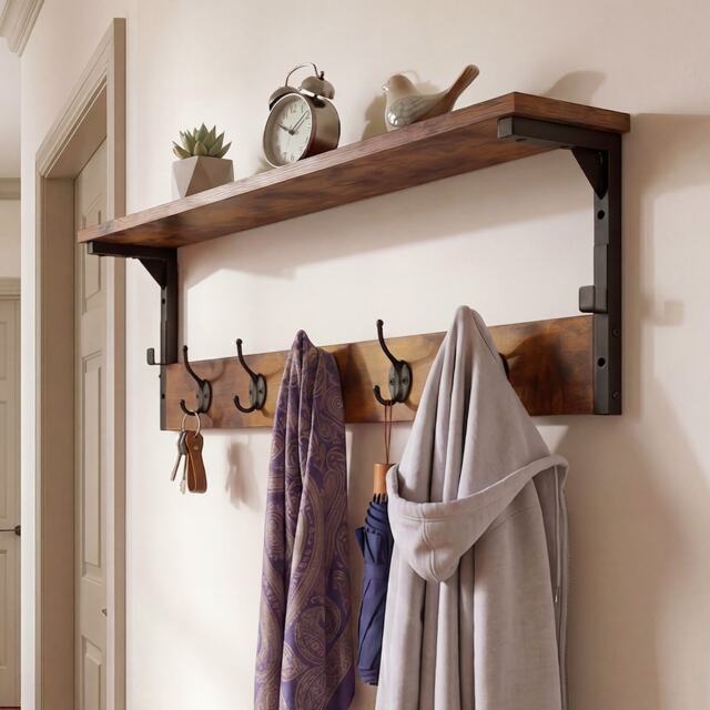 Levede Coat Rack Wall Mounted Shelf 7 Hooks Heavy Duty Entryway Storage Brown