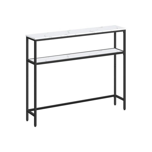 Industrial Slim Console Table With 2 Shelves Marble Effect White White