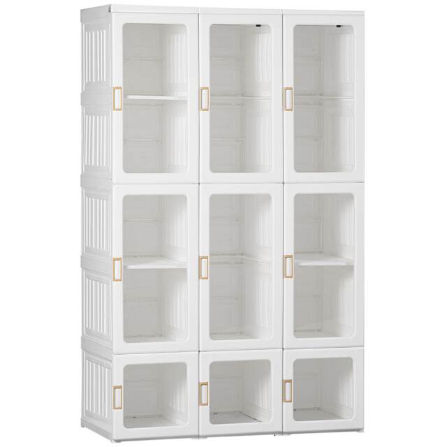 HOMCOM Portable Clothes Wardrobe for Bedroom, Foldable Clothes Organiser with Cube Storage, Hanging Rods, Magnet Doors, White White White