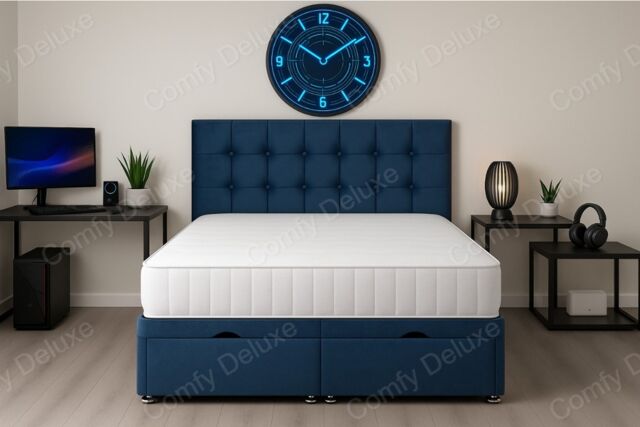 Cube Ottoman Blue Plush Velvet 2ft6 Small Single Foot Lift Bed Headboard and Mattress Set
