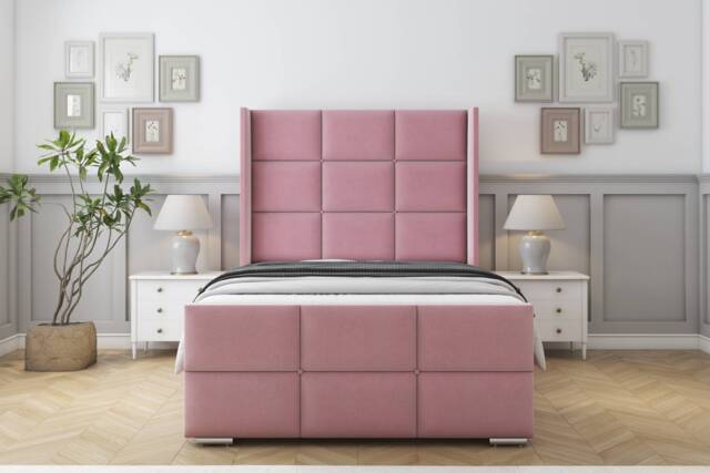 "Sloomy Beaumont Pink Plush Bed Frame With 50"" Upholstered Wingback Headboard 3' Single"