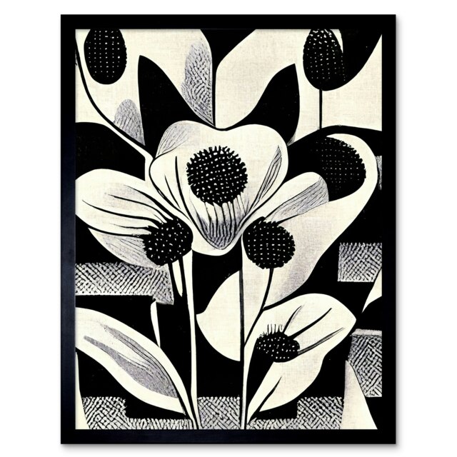 "Monochrome Black White Abstract Retro Flower 12x16"" Framed Wall Art Print"