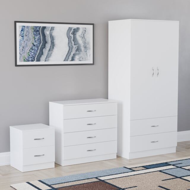 Vida Designs Riano 3 Piece Bedroom Set (2 Drawer Bedside Chest, 4 Drawer Chest, 2 Door 2 Drawer Wardrobe) - White