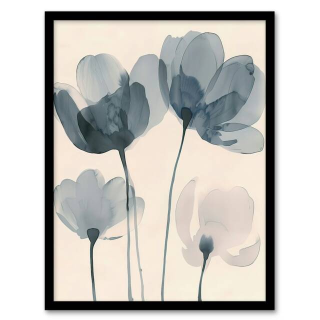 Soft White Light Watercolour Poppy Flowers Black Framed Wall Art Print A4