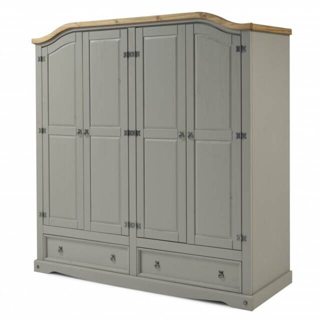 Mercers Furniture Corona Grey Wax 4 Door 2 Drawer Arch Top Wardrobe Solid Wood Pine Wooden Large Bedroom Robe with Mexican Styling