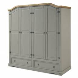 Mercers Furniture Corona Grey Wax 4 Door 2 Drawer Arch Top Wardrobe Solid Wood Pine Wooden Large Bedroom Robe with Mexican Styling