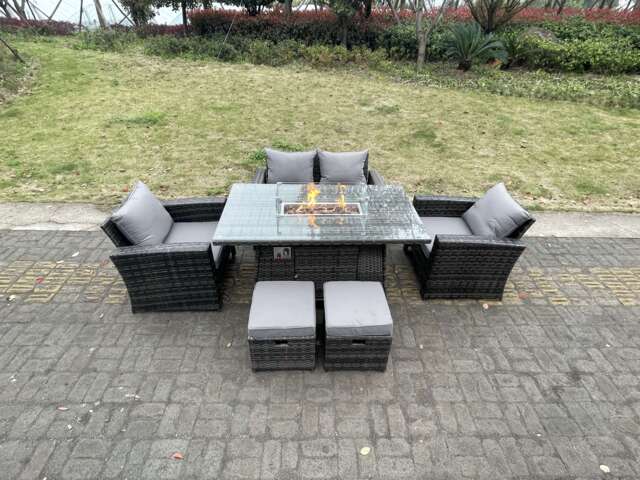 Fimous Rattan Outdoor Furniture Gas Fire Pit Rectangle Dining Table Gas Heater Chairs Two Seater Love Sofa Sets Footstools 6 Seater