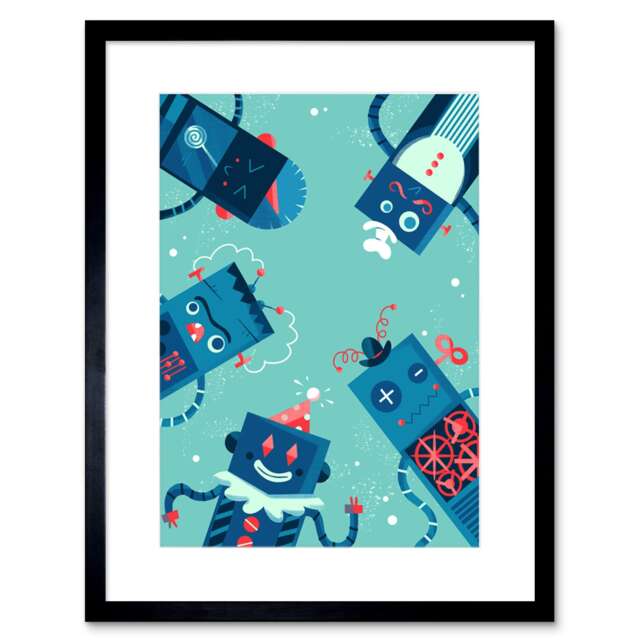 "Fun Toy Robot Family Cartoon Boys Kids Bedroom 9x7"" Black Framed Wall Art Print"