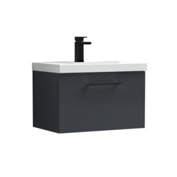 Balterley Wall Hung Bathroom 1 Drawer Vanity Unit and 1 Tap Hole Ceramic Basin, with Handle Grey Soft Black