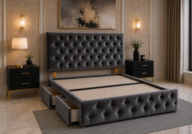 Brooklyn Divan Bed with Upholstered Headboard & Footboard Base - Double Grey Plush 4 Drawers