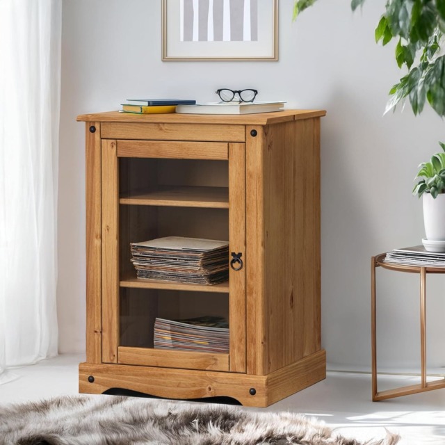 Mercers Furniture Corona Hi Fi Entertainment Unit 1 Door Glass Display Cabinet Solid Pine Mexican Wood Wooden Hifi Storage
