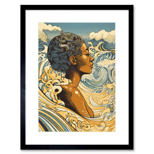 "Barbados Woman Summer Sea Waves Portrait 9x7"" Black Framed Wall Art Print"