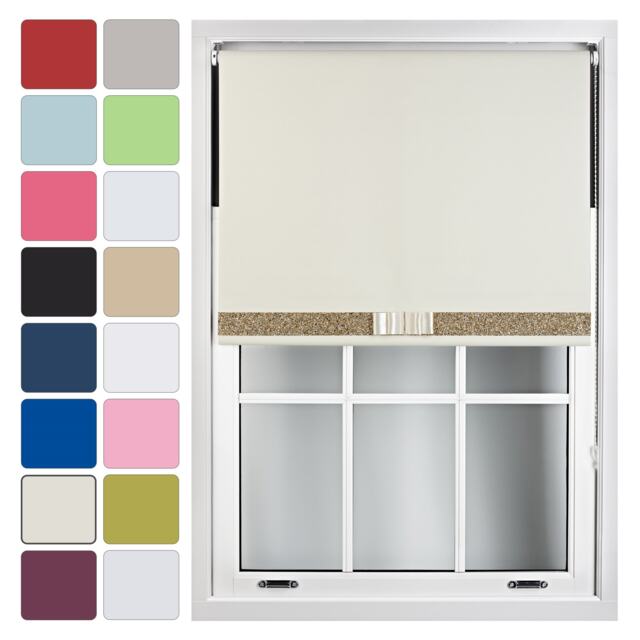 FURNISHED Blackout Roller Blinds with Glitter Trim and Bow Insulated Designed Window Shade Cream Cream (W) 60cm x (L) 210cm