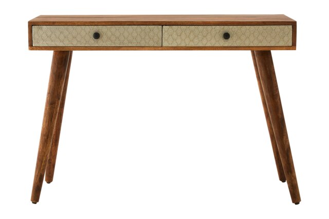 Interiors by Premier Acacia Wood Console Table with Embossed Drawers, Travel-Inspired 2 Drawer Entryway Table Brown