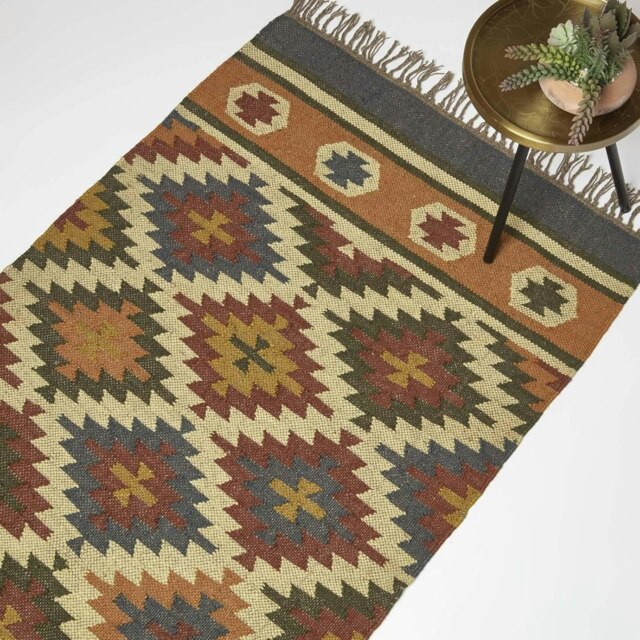 Homescapes Lucea Orange and Blue Kilim Wool Rug - 120 x 170 cm Orange 120 x 170 cm