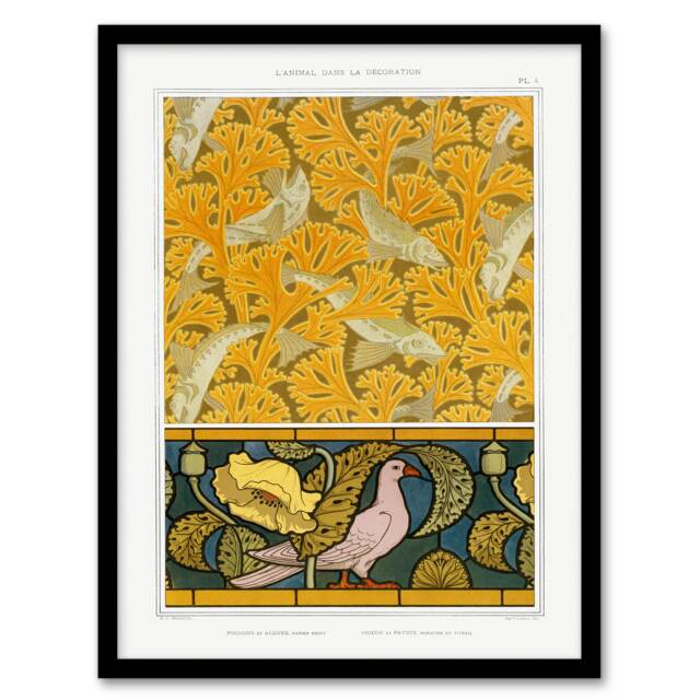 Maurice Pillard Verneuil Framed Wall Art Poppy Pigeon and Coral Fish Patterns