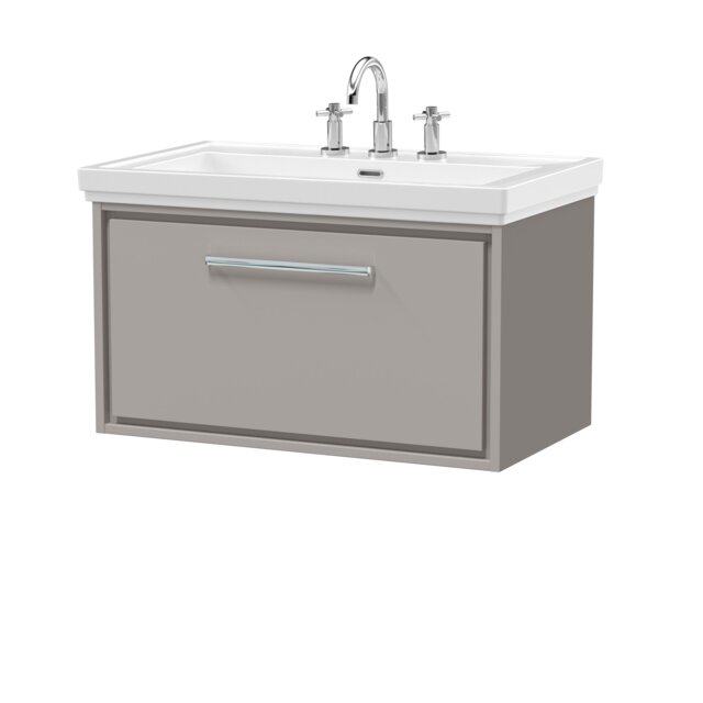 Balterley Modern Bathroom Wall Hung Single Drawer Vanity Unit with Fireclay Basin - 3 Tap Holes Grey Pebble Grey 498 x 830 x 471mm