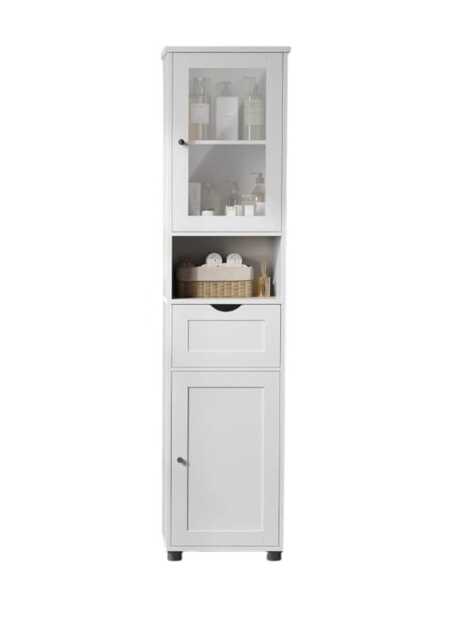 Free-Standing Tall Bathroom Cabinet with Drawer, Glass Door & Open Shelf - Cloud White