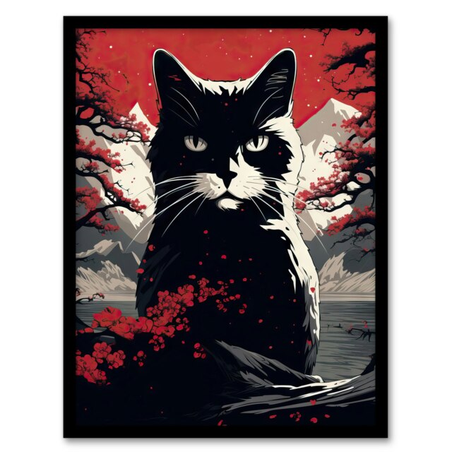 Ukiyo Japanese Cat Red on White Japan Home Decor Black Framed Wall Art Print A4