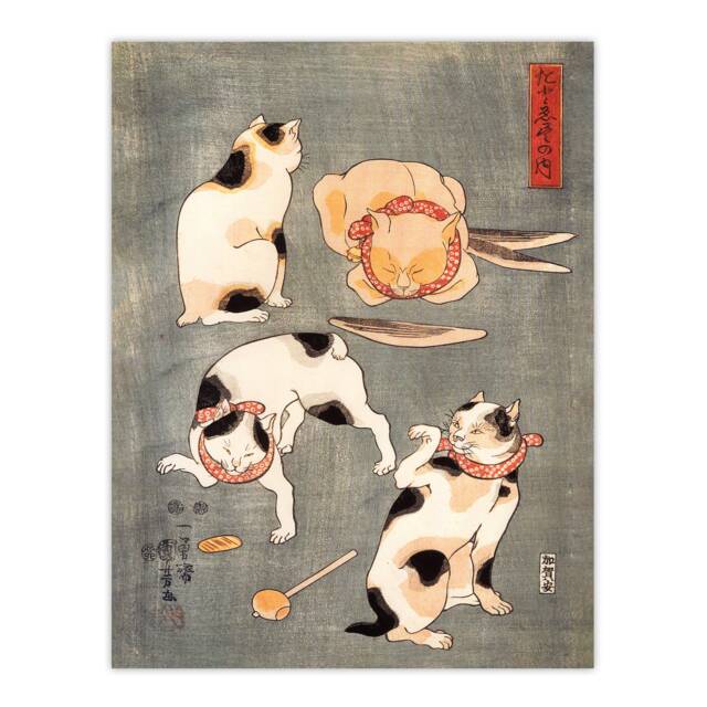 Four Cats in Different Poses Kuniyoshi Huge Wall Art Print 18X24 In