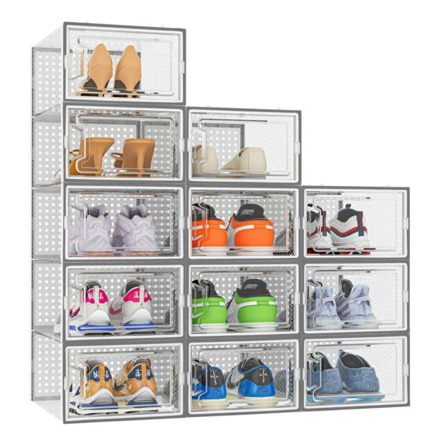 Neo 12 pcs Large Shoe Storage Box Boxes Transparent Clear Plastic Stackable Organiser Containers with Lids for Women/Men Magnetic Closure- Grey