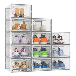 Neo 12 pcs Large Shoe Storage Box Boxes Transparent Clear Plastic Stackable Organiser Containers with Lids for Women/Men Magnetic Closure- Grey