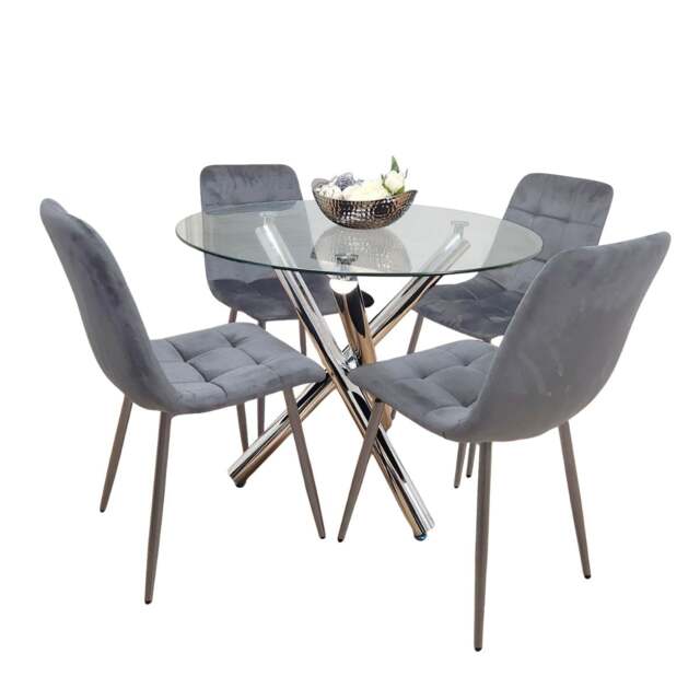 Dining Table and 4 Chairs Clear Glass Round Chrome Legs Table 4 Grey Velvet Chairs Dining Room