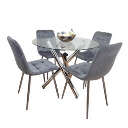Dining Table and 4 Chairs Clear Glass Round Chrome Legs Table 4 Grey Velvet Chairs Dining Room