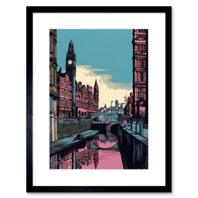 "Leeds Canal England UK Cityscape Pink Blue Graphic 9x7"" Black Framed Wall Art Print"